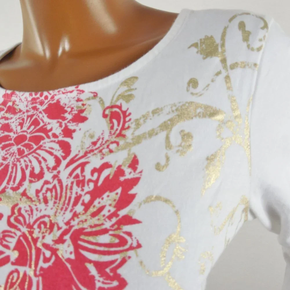 CHICO'S Top M Sz 1 Casual Shirt White/Red/Gold Stretch Cotton Blouse 3/4 Sleeves - Picture 5 of 9